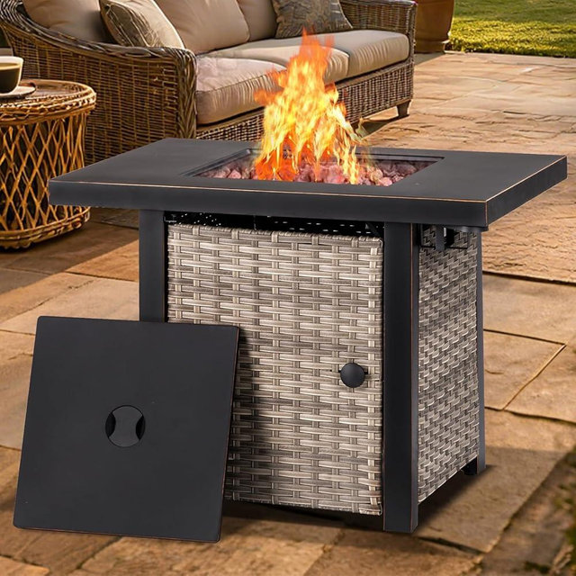 OutVue 32 Inch Propane Fire Pit Table, Outdoor Gas Fire Pits with 2 Drink Holders, Lid & Lava Rock, 50000 BTU Firepit Table for Dinning, Party in Outside, Patio, Garden or Yard