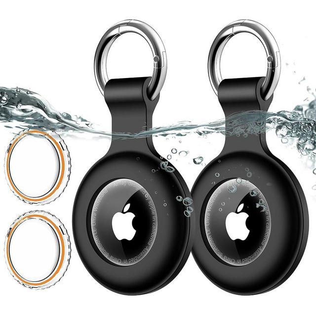 2 Pack Airtag Holder with Keychain for Apple Airtags IPX8 Waterproof, [PC+Silicone] Air-Tags Cover Shockproof [Anti-Scratch] Item Finders Case Cargo Covers for Pets,Bags,Kids,Luggage,Keys-Black+Black