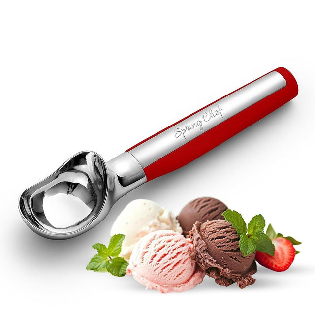 Spring Chef Heavy Duty Metal Ice Cream Scoop - Dishwasher Safe Ice Cream Scooper, Commercial Icecream Scoop Spade, Professional Kitchen Tool for Gelato, Melon, Sundae, Cookie Spoon - Red