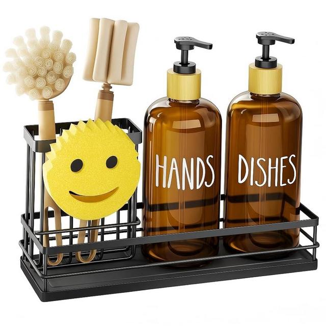 Moforoco Kitchen Dish Soap Dispenser Set, 16OZ Glass Bottle, Hand and Dish Soap Dispenser Set, Instant Dry Tray, Non-Slip Silicone Pad, Brush Holder with Sponge Holder, Kitchen Decor（Amber Bottle）
