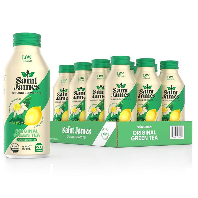 Saint James Iced Tea - Organic Green Tea - Non GMO, Gluten Free, Low Calorie & Low Sugar - Original Green Tea, 12 Pack (16 fl oz each)