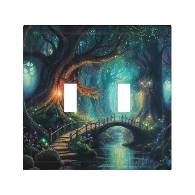 Decorative Art Light Switch Covers Enchanted Forest 2 Gang Double Toggle Wall Plate Decorative Switchcover Electrical Switchplate for Home Decor
