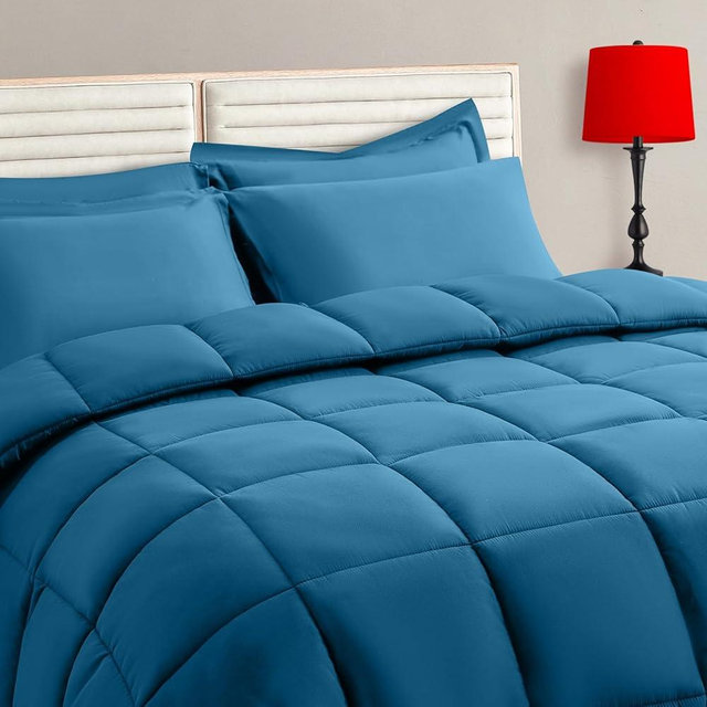 TAIMIT Teal King Comforter Set - 7 Pieces, Bed in a Bag Bedding Sets with All Season Soft Quilted Warm Fluffy Comforter,Flat Sheet,Fitted Sheet,2 Pillow Shams,2 Pillowcases