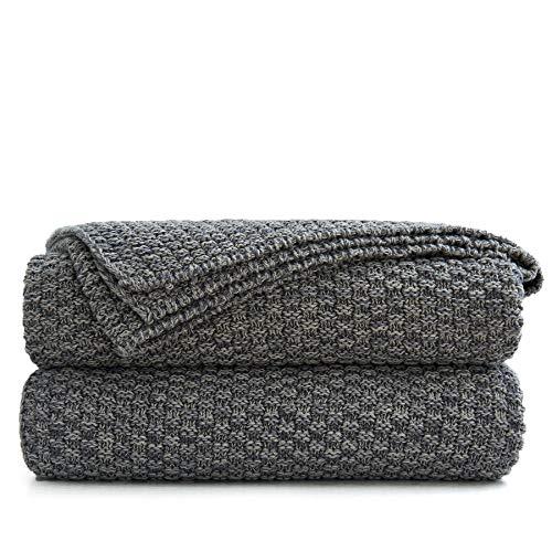 Longhui bedding Grey Knitted Throw Blanket for Couch - Soft, Cozy Machine Washable 100% Cotton Sofa Cable Knit Blankets, 4.0lb Weight, 60 x 80 Inches Oversized, Grey White Color