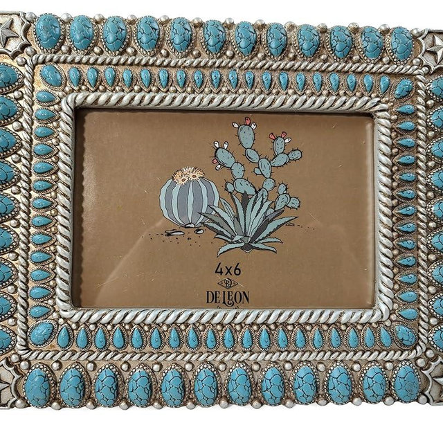 De Leon Collections 14250 Star Vintage Ornate Turquoise and Silver Tone 8.75 Inch Polyresin and Glass Western Southwest Decorative Home Décor Picture Photo Frame Holds a 4 x 6 Inch Photo