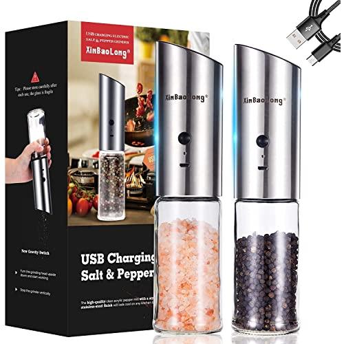[2021 Latest]USB Rechargeable Electric Salt and Pepper Grinder，XinBaoLong Stainless Steel Salt and Pepper Grinders Refillable，Compact Design，Gravity Electric Salt and Pepper Grinder