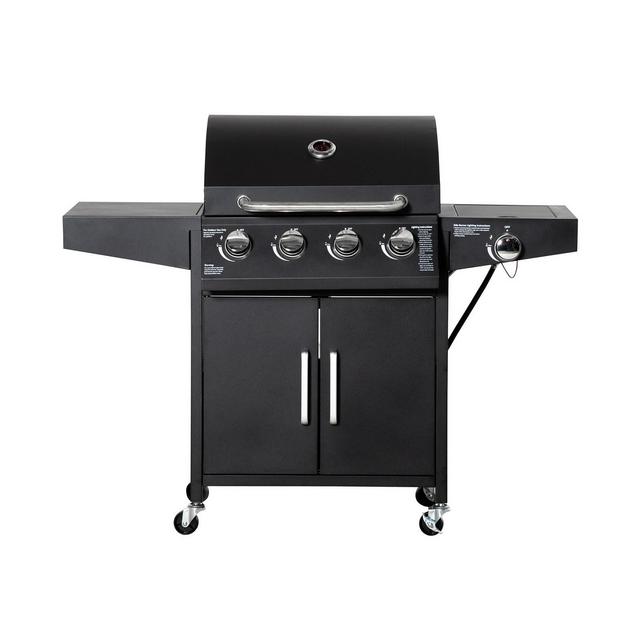 Outsunny 4+1 Burner Liquid Propane Gas Grill Outdoor Cabinet Style BBQ Trolley w/ Side Burner, Warming Rack, Side Shelf, Storage Cabinet, Thermometer, 4 Wheels, Carbon Steel, Black