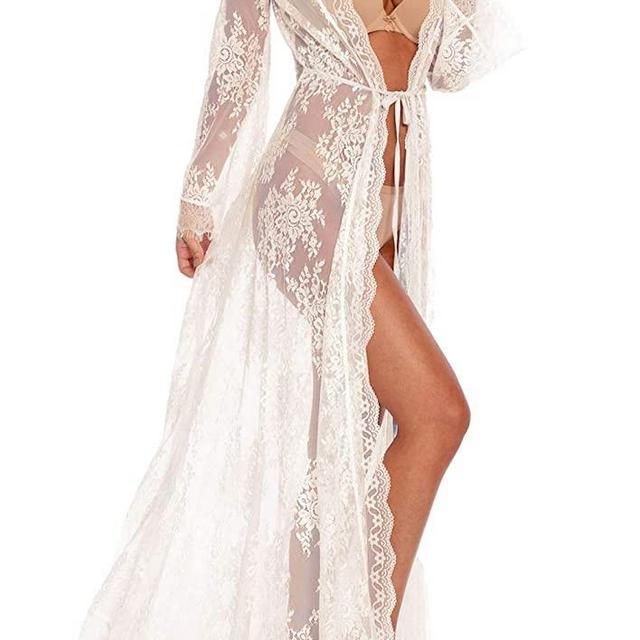 Women Sexy Long Lace Dress Sheer Gown See Through Lingerie Kimono Robe Swimsuit Cover Up