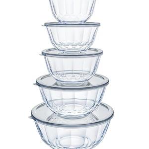 Luvan 5-Piece Glass Mixing Bowls Set with Lids - Clear Salad Bowls with Lids Set, Diamond Pattern Large Glass Mixing Bowl for Baking Prep, Serving & Storage