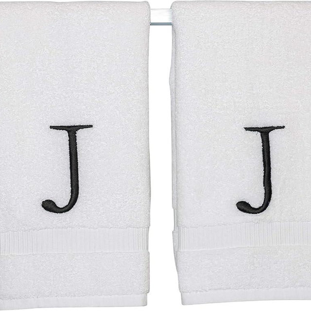 Decorvo Black Letter Hand Towel for Bathroom - Monogrammed Initial Hotel Quality Decorative Embroidered Towel for Powder Room, Spa - GOTS Organic Certified - Set of 2 Letter J