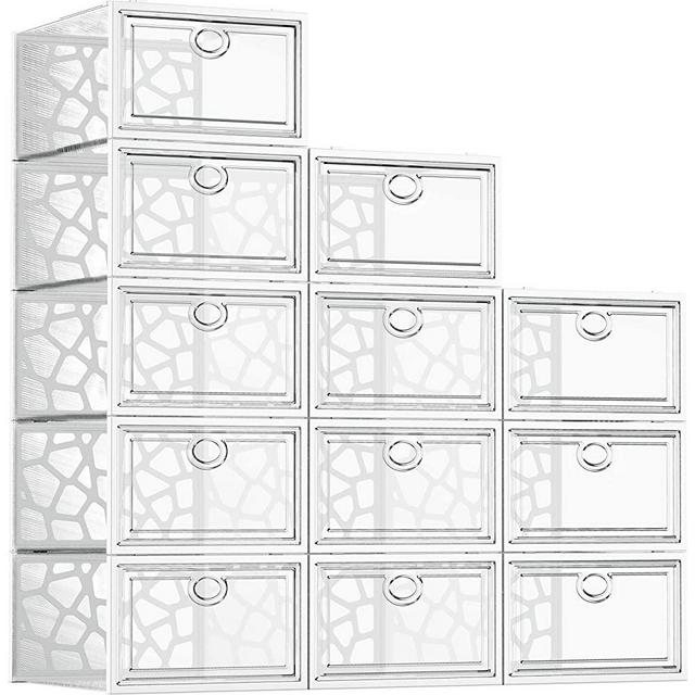 Shoe Boxes Clear Plastic Stackable, 12 Pack Shoe Storage Box Organizer for Closets, Foldable Sneaker Storage Fit for Size 11