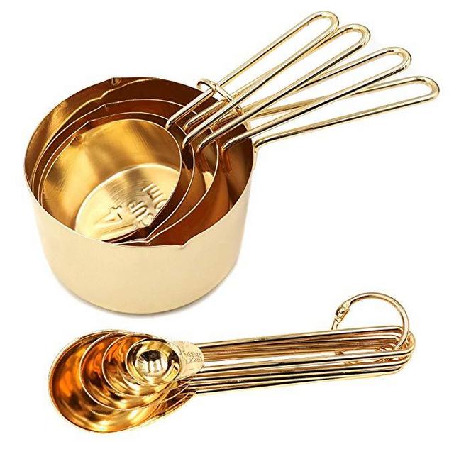 Homestia Stainless Steel Measuring Cups and Spoons Set of 8 Pcs Baking Cooking Utensils with Measurement for Dry and Liquid Ingredients, Gold