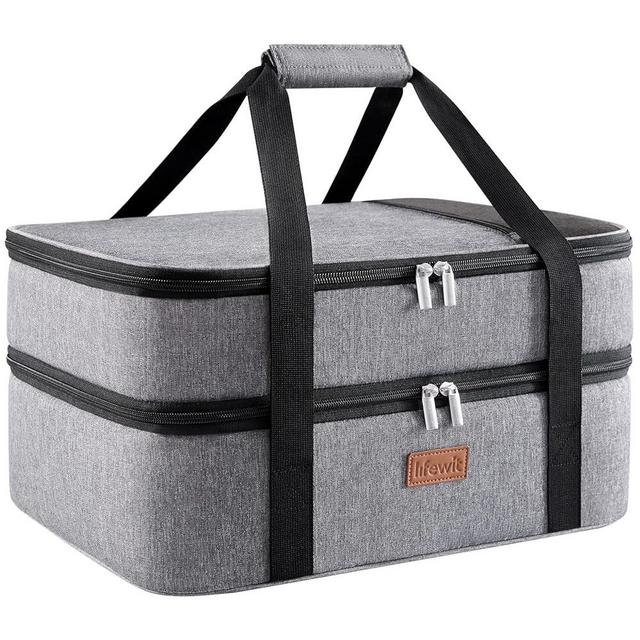 Lifewit Double Decker Insulated Casserole Carrier for Hot or Cold Food, Casserole Dish with Lid and Carrying Case, Lasagna Holder for Potluck Parties/Picnic/Cookouts, Fits 9"x13" Baking Dish, Grey
