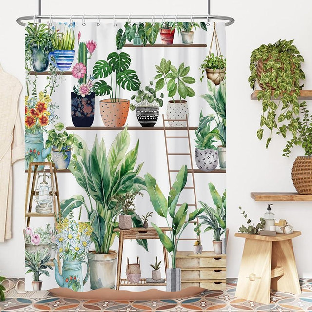 Yanutan Bohemian Plant Shower Curtain, Spring Green Plants Flower Shower Curtain Set for Bathroom, Natural Arboretum Botanical Garden Fabric Bath Curtain with Hooks, 60x72in