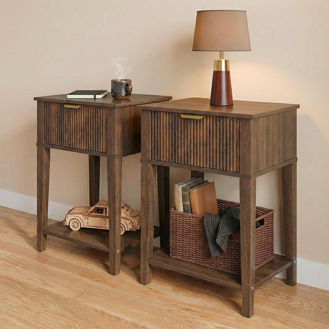 RIHHA Modern Fluted Small Wood Nightstands Set of 2, 11.8" Deep x 15.4" Narrow Bedside Tables with Drawer & Open Shelf, Mid-Century Rustic End Tables for Bedroom - Walnut