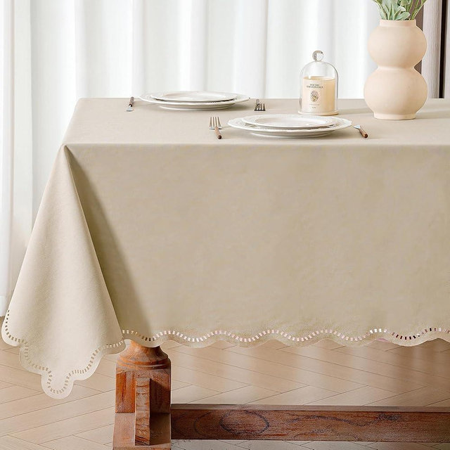 Rectangle Tablecloth Linen Textured Waterproof & Stain Resistant Table Cloth Decorative Scalloped Cutouts Farmhouse Table Cover for Dining Tables, Buffet Parties and Camping, 52 x 70 Inch, Beige