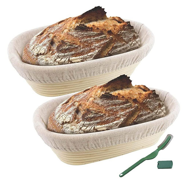 2 Pack 10 Inch Oval Bread Proofing Basket for Sourdough Bread - Bread Basket Baking Bowl With a Dough Scraper and Linen Liner Cloth Banneton Proofing Basket for Professional & Home Bakers Bread Baking