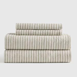 European Linen Sheet Set in Willowleaf/White Stripe - King