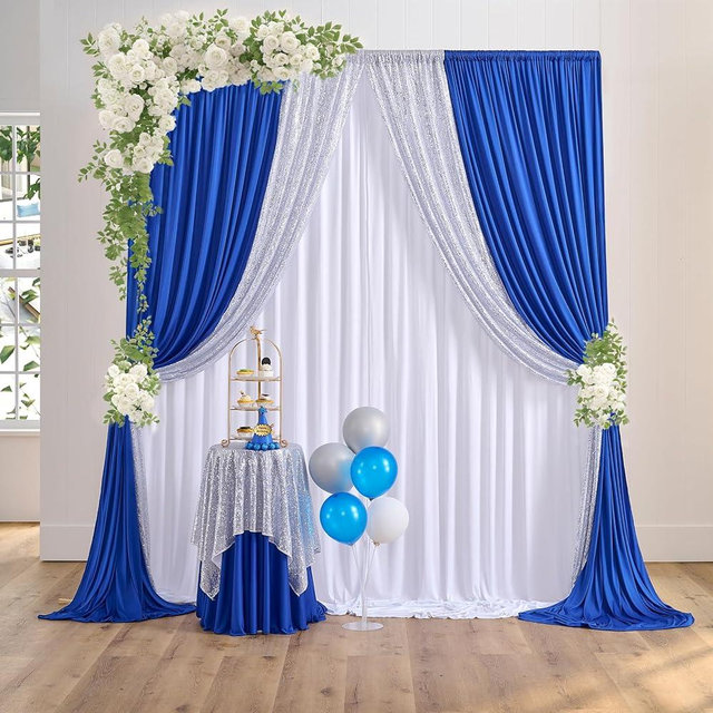 Wrinkle Free 10ft x 5ft White Backdrop Curtain &10ft x 5 ft Royal Blue Backdrop Curtain&4ft x 10 ft Silver Sequin Backdrop Curtain for Baby Shower, Wedding, Birthday, Graduation Party Decoration