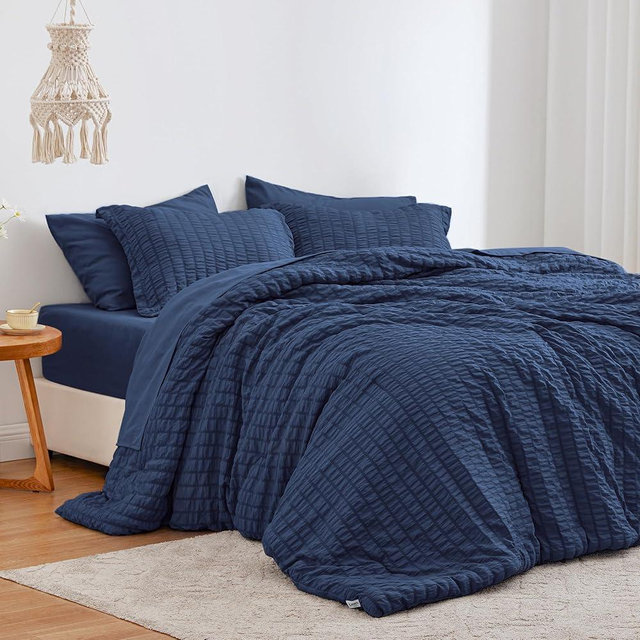 Love's cabin Seersucker Dark Blue Twin Comforter Set, 5-Piece All Season Lightweight Bed in a Bag Bedding Set with Comforter, Flat Sheet, Fitted Sheet, Pillowcase and Sham | Soft, Breathable, Lightweight