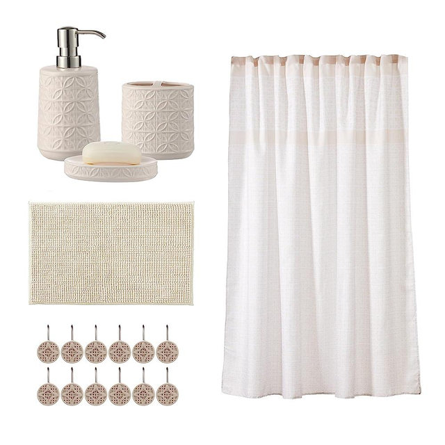 Motifeur Bathroom Accessories Set, Bath Accessory Complete Set with Lotion Dispenser/Soap Pump, Soap Dish and Toothbrush Holder, Bath Mat, Shower Curtain with 12 Hooks (Embossed Pattern, Tan)