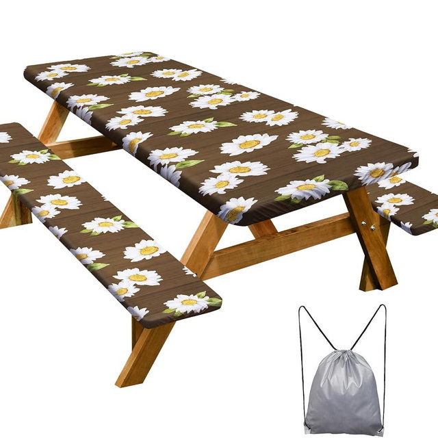 Picnic Table Cover with Bench Covers Camping Essentials Waterproof Windproof Camping Tablecloth with Drawstring Bag, Fitted Rectangle Tables and Seats, 72in, Brown