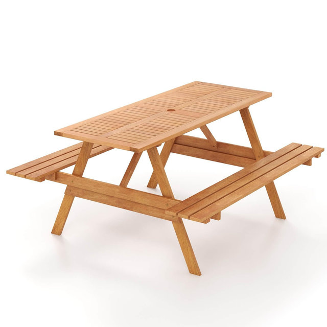 Tangkula 6 Person Picnic Table with 2 Benches Outdoor Hardwood Picnic Table Bench Set w/ 2" Umbrella Hole Slatted Tabletop & Seat