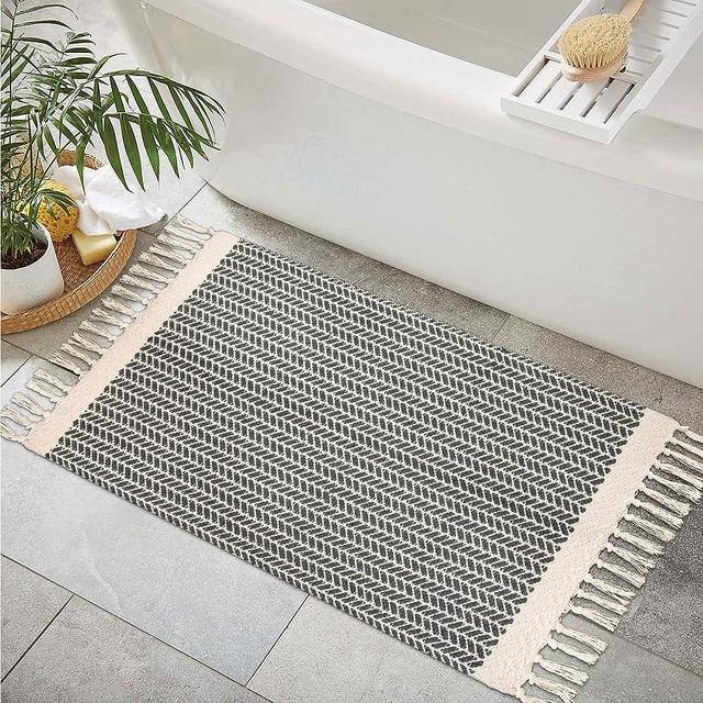 Lahome Boho Bathroom Rugs, Small 2x3 Entry Rug Lightweight Front Door Mat Woven Cotton Area Rug with Tassels, Farmhouse Non-Shedding Washable Grey Throw Rug Low Pile Carpet for Kitchen Laundry