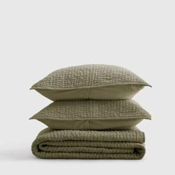 King European Linen Cotton Stitch Quilt Set Olive