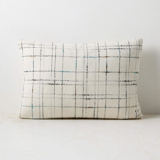 Corsa Off-White and Blue Plaid Italian Wool Throw Pillow with Down Alternative Insert 22"x15"