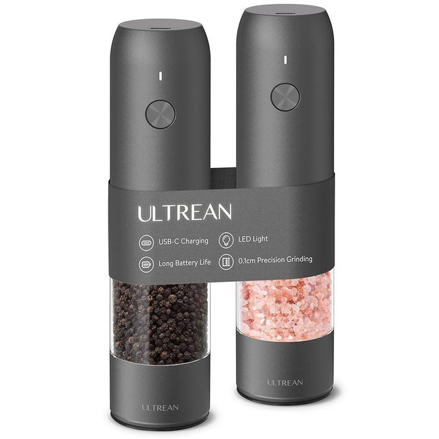 Ultrean Electric Pepper Grinder, Rechargeable Salt and Pepper Grinder with 6 Adjustable Coarseness, LED Light, One-Hand Automatic Operation, Christmas Gifts, Starry Gray