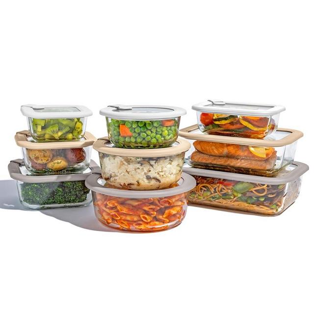 Bentgo Signature Leak-Proof Glass Food Storage - 18-Piece Set, 1-Compartment Plastic-Free Containers with Airtight Glass Lids, BPA-Free, Microwave, Freezer, Oven & Dishwasher Safe (White Stone)