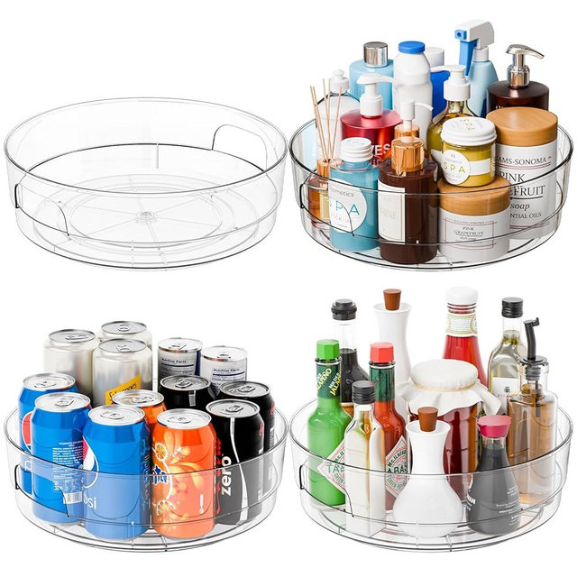 Yieach 4 Pack 12" W Clear Acrylic Lazy Susan Turntable for Cabinet,Refrigerator,Pantry and Kitchen - with Handle - Large Fridge Sauce Condiment Turn Table Organizer,Spinning Round Spice Rack Carousel