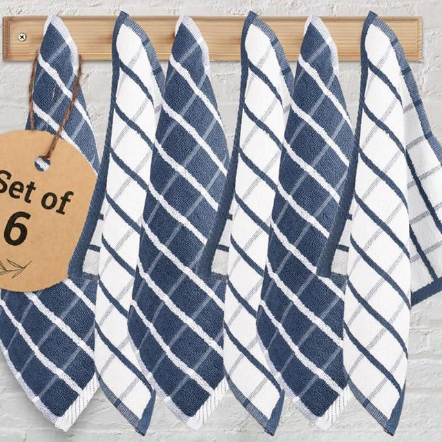 Urban Villa Dish Cloths Terry Cotton Pack of 6, Highly Absorbent Quick Drying Super Soft Premium Dish Towels for Kitchen with Hanging Loop Hand & Tea Towels - 12x12 Inch, (Blue & White, Checks)