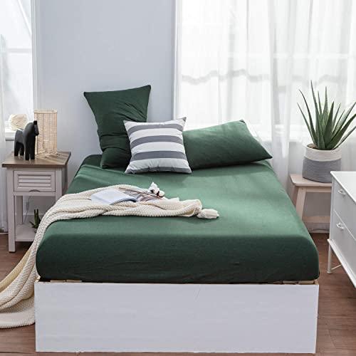 LIFETOWN Jersey Knit Cotton Fitted Sheet King with 2 Matching Pillowcases (No Flat Sheet), Extra Deep Pocket Fitted Bottom Sheet, Ultra Soft and Easy to Put (King, Dark Green)