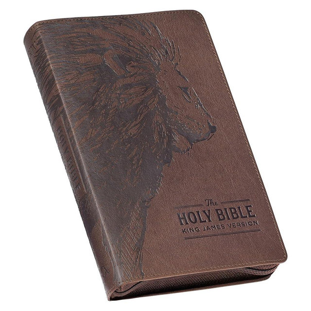 KJV Holy Bible, Standard Size Faux Leather Red Letter Edition Thumb Index, Ribbon Marker, King James Version, Brown Lion Zipper Closure (KJV Deluxe Gift Editions)