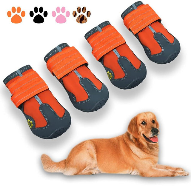 XSY&G Dog Boots,Waterproof Dog Shoes,Dog Booties with Reflective Strips Rugged Anti-Slip Sole and Skid-Proof,Outdoor Dog Shoes for Medium Large Dogs 4Pcs Orange-Size 5