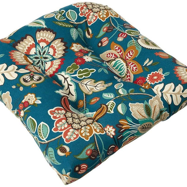 Pillow Perfect Floral Indoor/Outdoor Wicker Chair Seat Cushion Tufted, Weather, and Fade Resistant, 19" x 19", Blue/Tan Telfair Peacock 2 Count