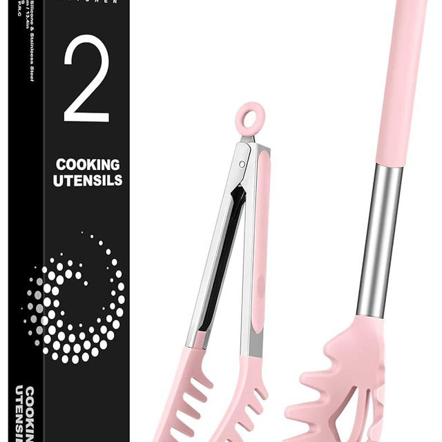 Spaghetti Spoon and Pasta Tong, Non-stick Silicone Spoon Server Fork With Teeth and Stainless Steel Handle, Food Clip for Noodles, Pink