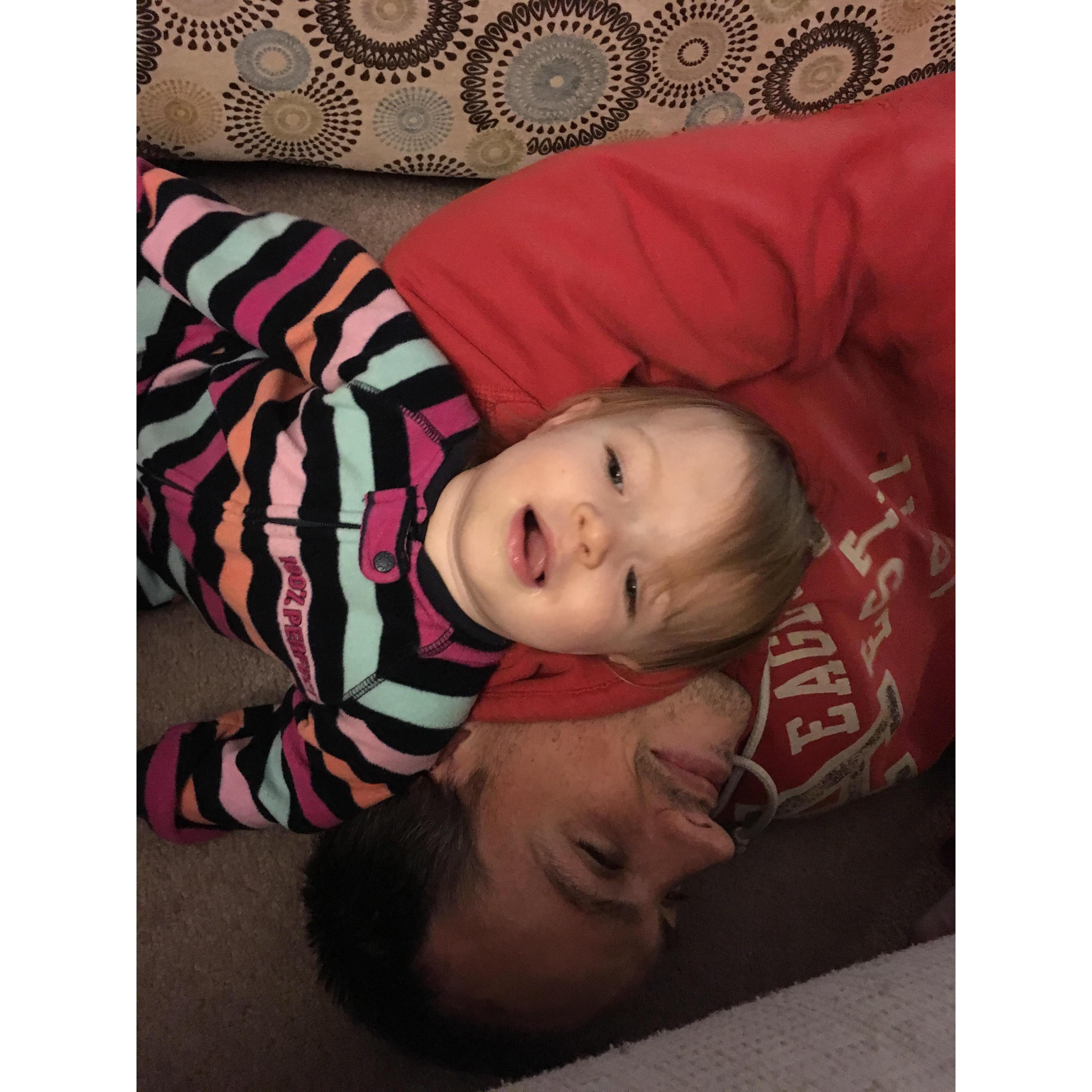Pic #2 of Sadie laying on Daddy's head. HAHA! Love them so much <3