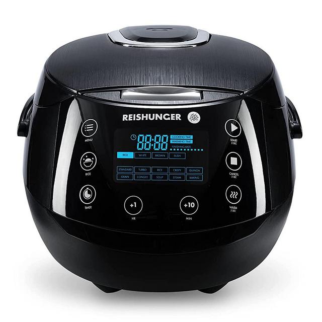 Reishunger Digital Rice Cooker and Steamer, Black, Timer - 6 Cups - Premium Inner Pot, Spoon & Measuring Cup, Multi Cooker with 12 Programmes & 7-Phase Technology - 1-8 People