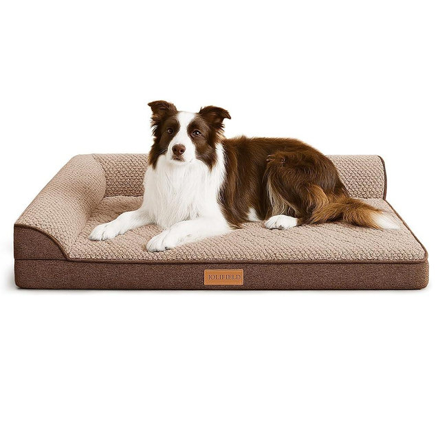 Jolifield Orthopedic Jacquard Dog Bed for Large Dogs, Waterproof L Shaped Large Pet Sofa Bed with Washable Removable Cover, Non-Slip Soft Warm Comfortable Pet Couch Sleep Mat, 36''X24'' Brown
