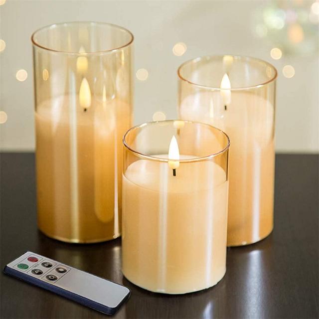 Eywamage Gold Glass Flickering Flameless Candles with Remote 3 Pack, Real Wick LED Pillar Candles Battery Operated 3" Diameter H 4" 5" 6"