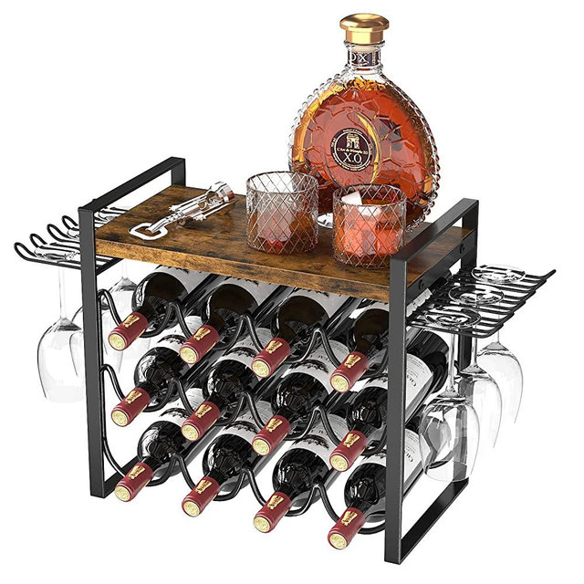JAFUSI Wine Rack with Glass Holder, Countertop Wine Rack Metal Frame, Wine Holder Stand with Wooden Tray, Bottles Rack for Home Decor Kitchen Storage (Hold 12 Bottles and 4-6 Glasses)