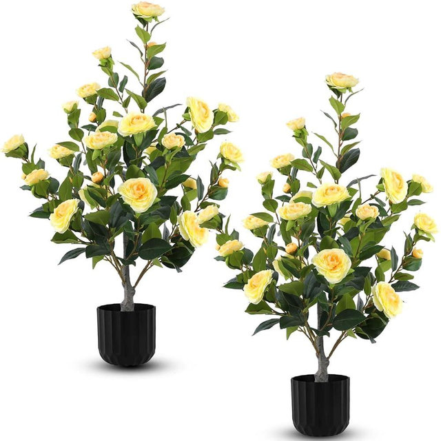 Hananona 2 Pcs Artificial Camellia Trees Faux Camellia Plant in Pot with Flowers Indoor Plants for Spring Home Decor Outdoor Porch Front Door Decor (Yellow, M)