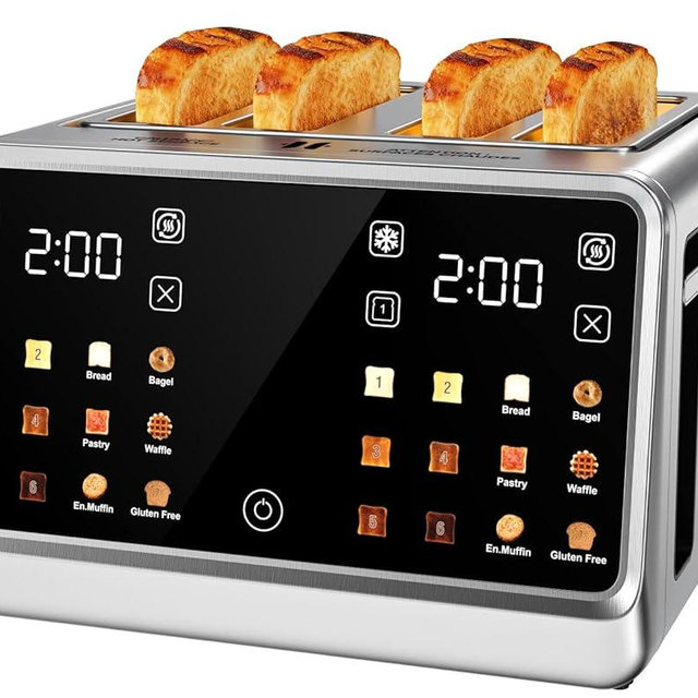 Smart Toaster 4 Slice, 1.5" Extra-Wide Slots for Bagels & Thick Bread – No Squeezing, Dual-Zone Touchscreen with 6 Presets, 1800W Rapid Heating, Single-Slice Energy Saving Mode