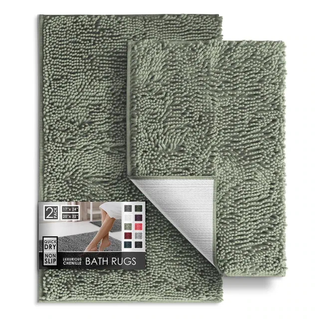 Hearth & Harbor Bathroom Rugs, 2 Piece Chenille Bath Mat Set - Sage Green Bath Rug, 17x24-20x32