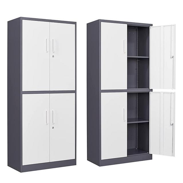 Metal Storage Locking Cabinet with 4 Doors and 2 Adjustable Shelves,71" Lockable Garage Tall Steel Cabinet,for Home Office,Living Room,Pantry,Gym,Commercial Storage (Gray White)