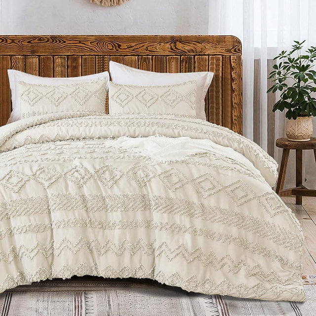 Andency Boho Beige Comforter Queen, Fluffy Soft Warm Bed Set, Farmhouse Shabby Chic Textured Comforter, 3 Pieces Bohemian Tufted Neutral Bedding, All Season for Men Women