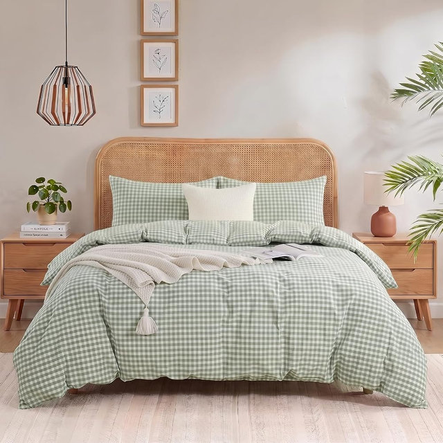 NEXHOME PRO Green Gingham Duvet Cover Queen, 100% Washed Cotton Like Linen Feel Organic Natural Bedding Set 3 Piece Sage Vintage Plaid Checkered Comforter Cover Set (No Comforter) 9090